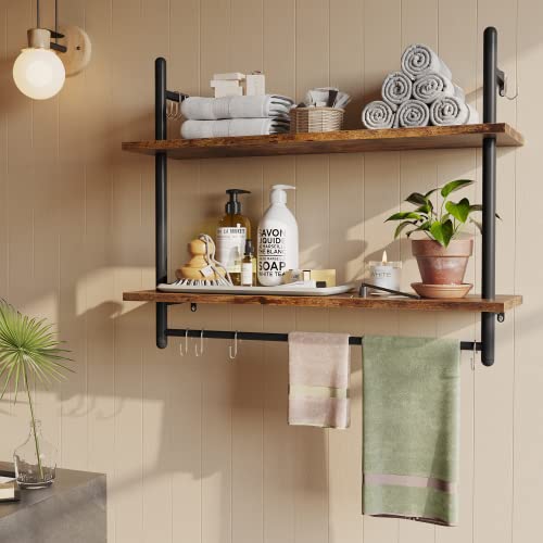 Wall Shelf with Towel Bar - Rustic Brown 31.5 Inch Industrial Pipe Shelf