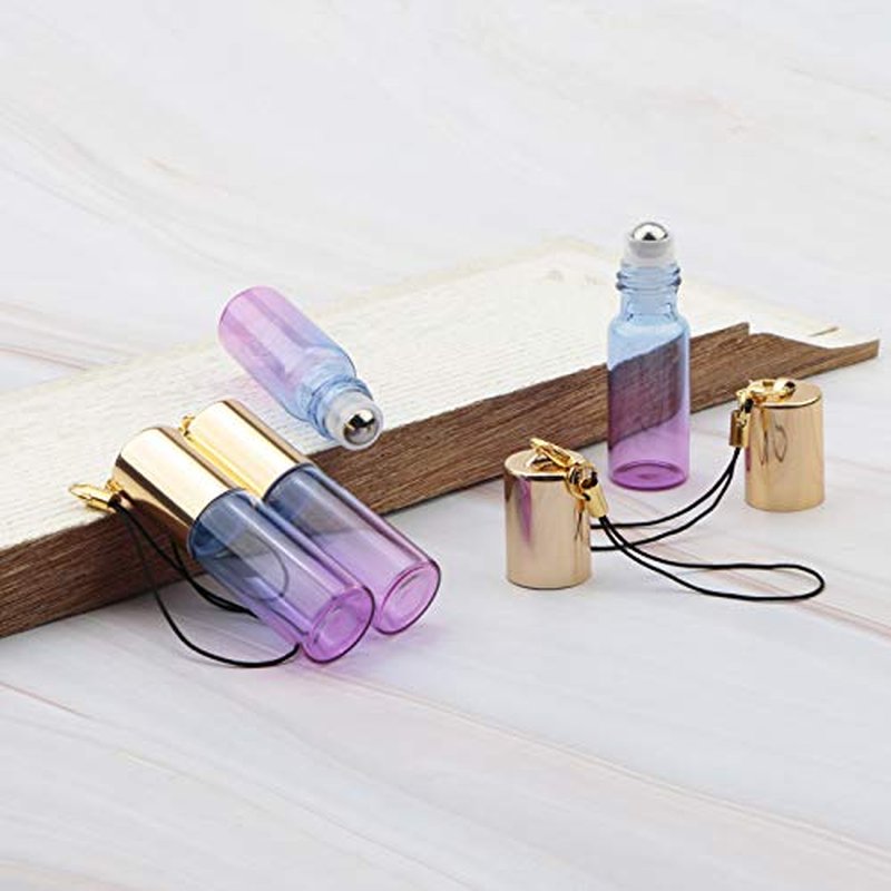 10 Pack 5mL Glass Roller Bottles Blue Purple Gradient with Keychain Rollerball Applicator for Essential Oils Perfume DIY Crafts Samples Eye Care Leak Proof Portable Refillable Empty