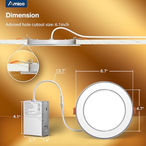 Amico 12 Pack 6 In LED Recessed Light with Night Light, 5CCT (2700-5000K) – Damp Rated