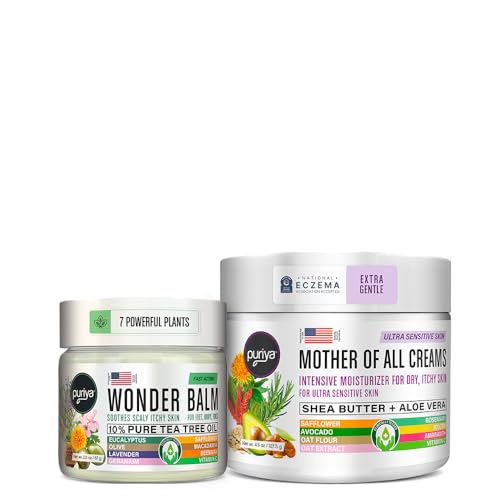 Puriya Tea Tree Oil Balm and Mother of All Creams with Mildly Earthy Scent Bundle Set, Plant Rich Wonder Balm, Moisturizing Cream for Dry, Itchy, and Sensitive Skin