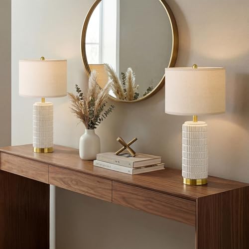 PoKat 25'' Beige Farmhouse Table Lamps Set of 2 with Gold Bases for Bedroom Living Room