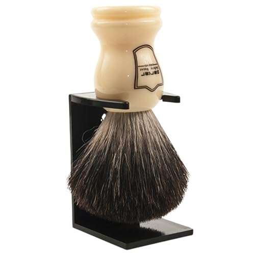 Black Badger Bristle Shaving Brush with White Handle & Stand - Handmade Grooming Tool