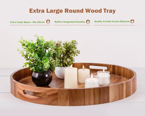 20 Inch Round Acacia Wood Serving Tray - Large Heavy Duty Kitchen & Home Organizer