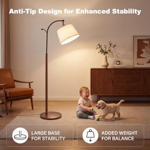 Wood Grain Arched Floor Lamp with Linen Shade - Dimmable 3-Color Temperatures, Foot Switch & Coat Hook - Bingyouth