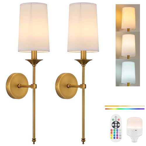 PASSICA DECOR Antique Brass Battery Operated Wireless Wall Sconce Set of 2 with Remote, Dimmable RGB & Timer