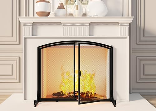 Large Fireplace Screen with Double Doors - Heavy Duty Steel, Black, Childproof, 37.8"W x 30.7"H
