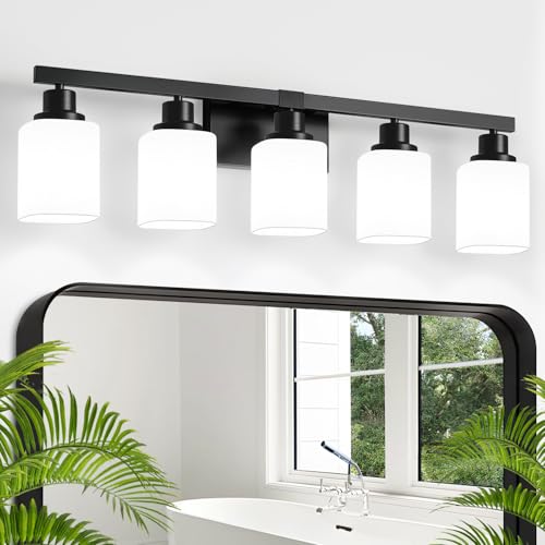 Black 5-Light Bathroom Vanity Light Fixture with Square Frosted Glass - Modern Wall Sconce Over Mirror