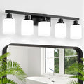 Black 5-Light Bathroom Vanity Light Fixture with Square Frosted Glass - Modern Wall Sconce Over Mirror
