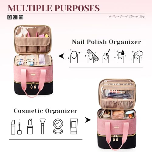 Nail Polish Organizer, Double Layer Nail Organizer and Storage Box Holds 42 Bottles & Nail Tech Kit Supplies, Large Capacity Nail Polish Organizer Case Carrying Bag
