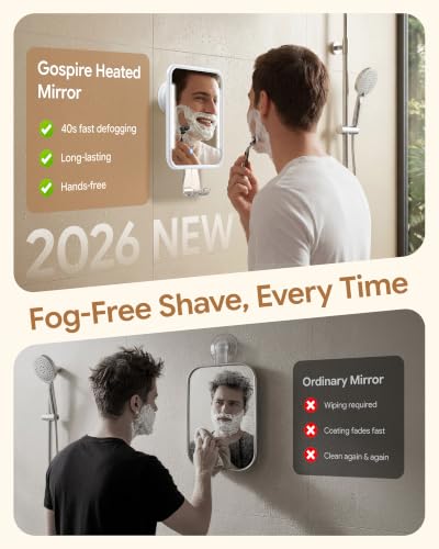 Gospire White Fogless Shower Mirror with Light & 5000mAh Battery - Adjustable & Suction Mount