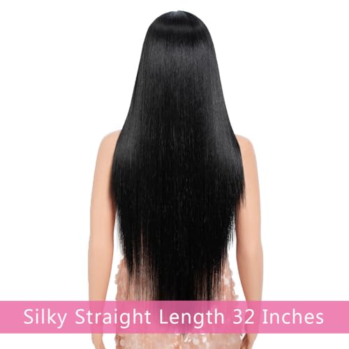 Long Straight Synthetic Wig for Women - 32 Inch Mid-Part Lace Front Black - Variation 1B