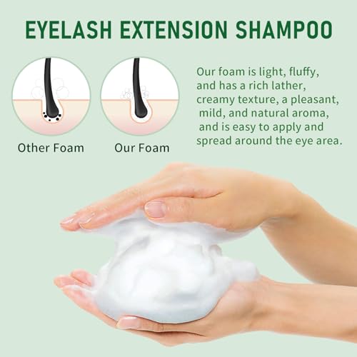 Lash Shampoo for Lash Extensions, 2 Fl Oz / 60ml - Includes 2 Brushes - Aloe Vera Scent - Eye-Friendly Foam for Salon and Home Use