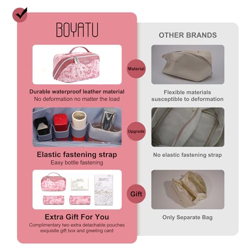 BOYATU Travel Makeup Bag for Women: Large Capacity Make up Bag with Compartments - Vegan Leather Cosmetic Bag set of 3 - Waterproof Toiletry Bag with Handle & Divider(E-4-Pink)