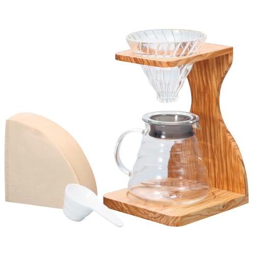 Hario V60 Olive Wood Pour Over Stand Set - 5 Component Coffee Brewer Kit with Filters