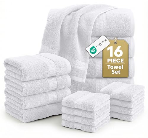 White 16-Piece Cotton Bath Towel Set - Soft Absorbent & Durable
