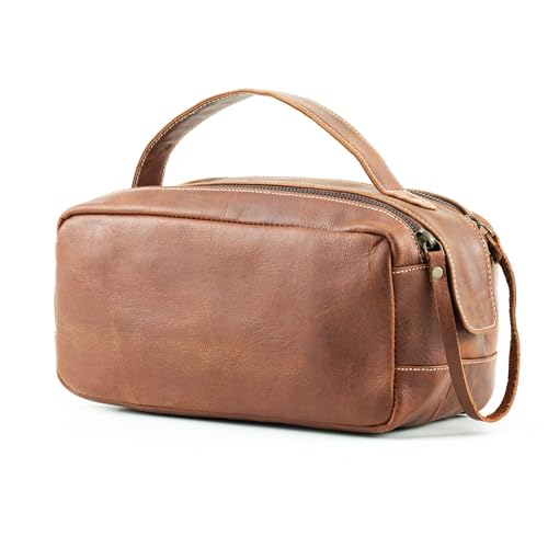 Handmade World Leather Toiletry Bag for Men - Genuine Full Grain Leather Dopp Kit ¡°Golden Oak¡± - Large Travel Shaving Kit Organizer Grooming Bag