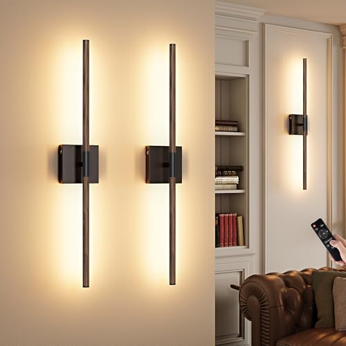 Walnut Black Battery Operated Wall Sconce Set of 2 - 24 Inch with Remote, Dimmable & Adjustable