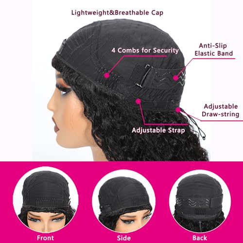 Water Wave Half Wig Human Hair 18 Inch Glueless Natural Black with Adjustable Cap - Beginner Friendly