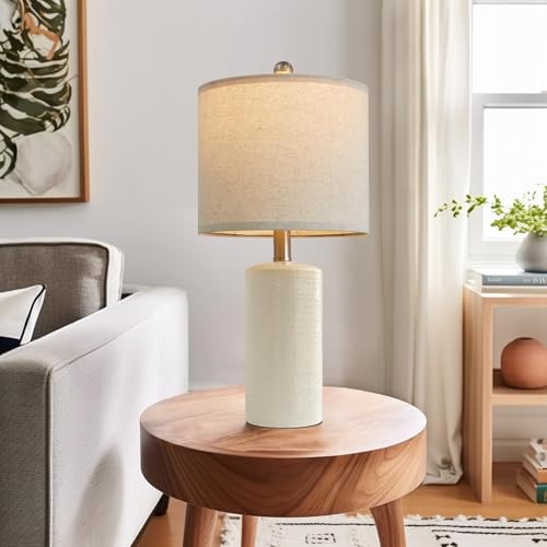 Ceramic Table Lamps Set of 2 - Small Farmhouse Bedside Lamps with Linen Shades - Lime White Variation