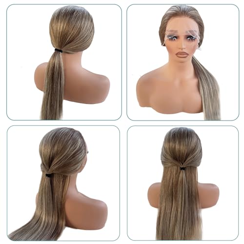 Ash Blonde Lace Front Wig Human Hair 16 Inch Pre-Plucked Straight Ombre Highlight with 13x4 HD Lace for White Women - Variation #6T6p18