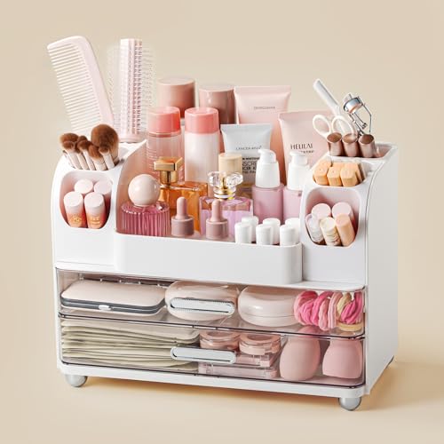 White Makeup Organizer with 2 Drawers & Brush Holders - Vanity Storage