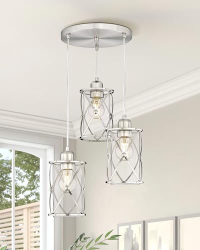 Osimir Brushed Nickel 3-Light Pendant Ceiling Light Fixture with Clear Glass - Adjustable Cable, Modern Kitchen Island Cluster Lighting - Nickel, Clear Glass / 3-Light