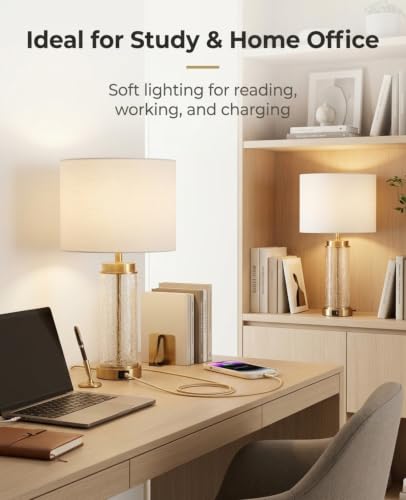 Set of 2 Modern Bedside Table Lamps with USB Charging Ports - 24.4 Inch Nightstand Lamps for Bedroom & Living Room