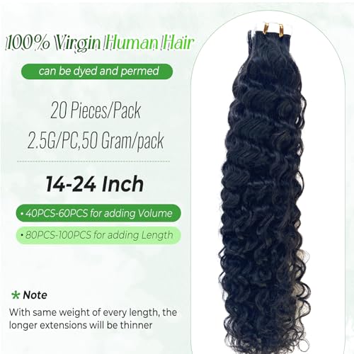 Water Wave Tape-in Hair Extensions 16 Inch Natural Black Remy Human Hair - #1B(WW) / 50g/Pack 20pcs