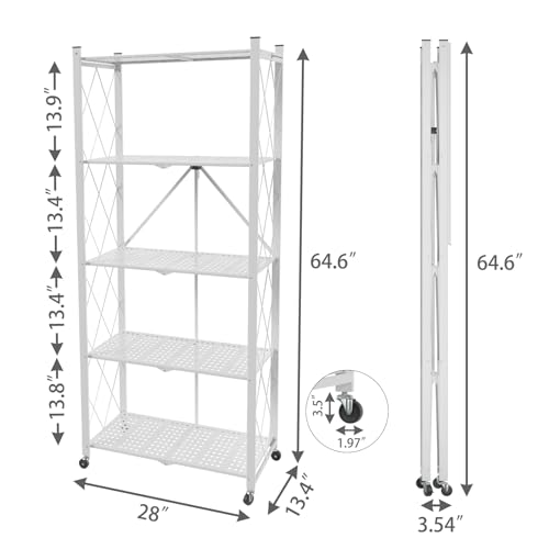 White 5-Tier Folding Storage Shelf with Wheels - No Assembly, Heavy Duty Steel
