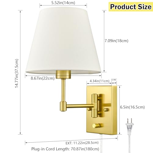 Gold Wall Sconces Set of Two - Modern Plug-In Swing Arm Lamps with Linen Shades
