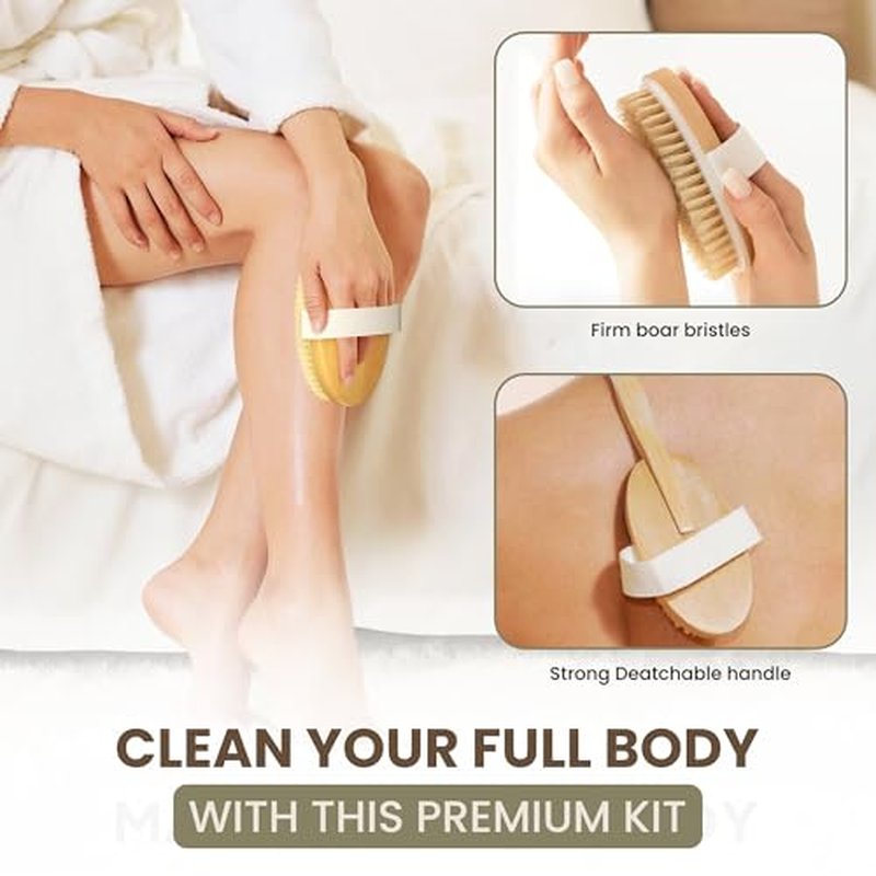 4-in-1 Exfoliating Body Scrubbers - Shower Back Brush for Women, Bristle Bamboo Brushes for Men, Dry Brushing for Lymphatic Drainage, Bath Long Handled Scrub, Cleansing Face Exfoliator, Nail Scrubber