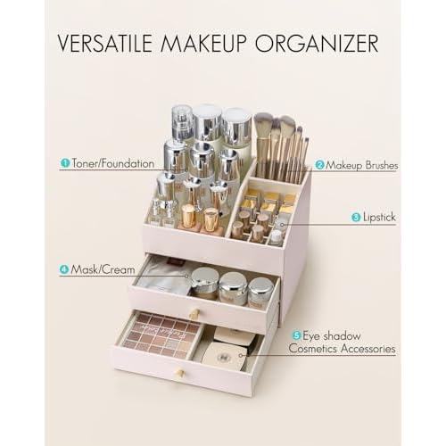 Vlando Makeup Organizer,Skincare Organizer for Vanity£¬PU Leather Make up Organizer with Drawers Cosmetic Display Case for Countertop,Perfume,Gifts Ideas for Women (Apricot White)