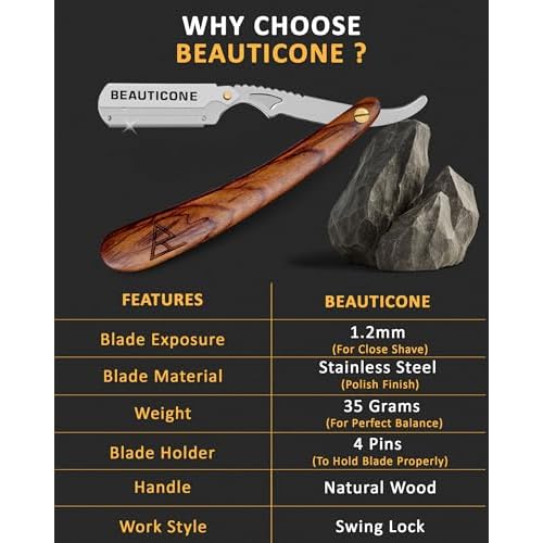 BEAUTICONE Straight Razors for Men, Straight Edge Razor, 100 Single Edge Blades, Stainless Steel, Barber Razor for Men's Shaving, Barber Shaving Knife, Wooden, Swinglock