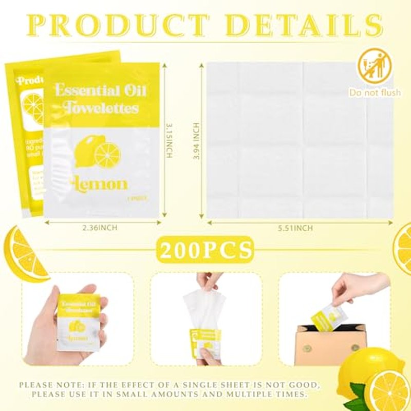 200 Pcs Essential Oil Wipes Wet Wipes Hand Individually Wrapped Wipe Bulk Single Use for Travel Clean Hands Sensitive Skin Backpacking Hypoallergenic Wipe Camping (Lemon)