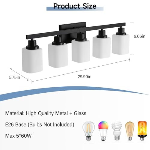 Black 5-Light Bathroom Vanity Light Fixture with Square Frosted Glass - Modern Wall Sconce Over Mirror