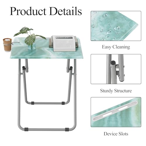 Sea Blue Marble Folding TV Tray Table Set of 4 - Portable Snack & Dinner Tables