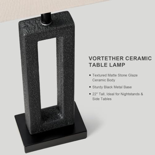 22-Inch Matte Black Textured Ceramic Table Lamps Set of 2 with Linen Shades - Modern Nightstand Lamps for Bedroom & Living Room - Variation: Matte Black-2Pack-22"