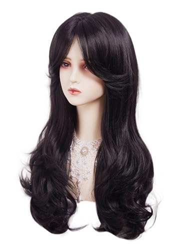 Natural Black Wavy Costume Wig for Women with Bangs & Layered Style - Halloween & Daily Wear