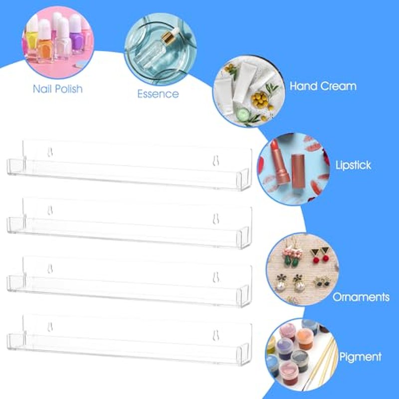6 Pack Nail Polish Organizer Wall Mounted Shelf with Removable Anti-Slip End Inserts, Paint Rack Acrylic Organizers Display for Wall, Nail Polish Rack Displays 90 Bottles, 15 Inch
