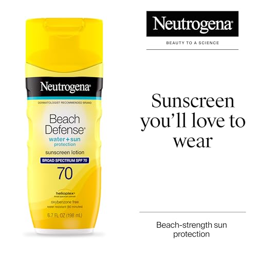 Neutrogena Sunscreen Lotion Beach Defense SPF 70, Face and Body Sunscreen, Hawaii Reef Act 104 Compliant, Octinoxate & Oxybenzone Free, Oil Free, Fast Absorbing Sun Care, 6.7 fl oz, Twin Pack