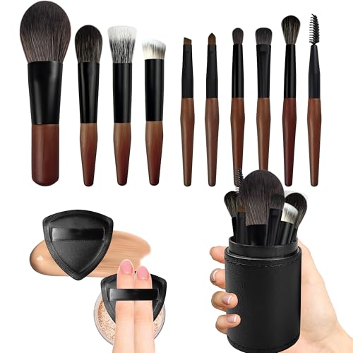 Brown Travel Makeup Brush Set with Case - 10 Pcs & 2 Pcs Powder Puff