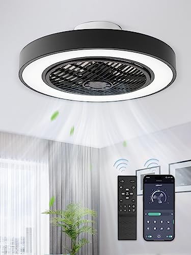 LEDIARY 20 Inch Black Bladeless Enclosed Ceiling Fan with Dimmable LED Light