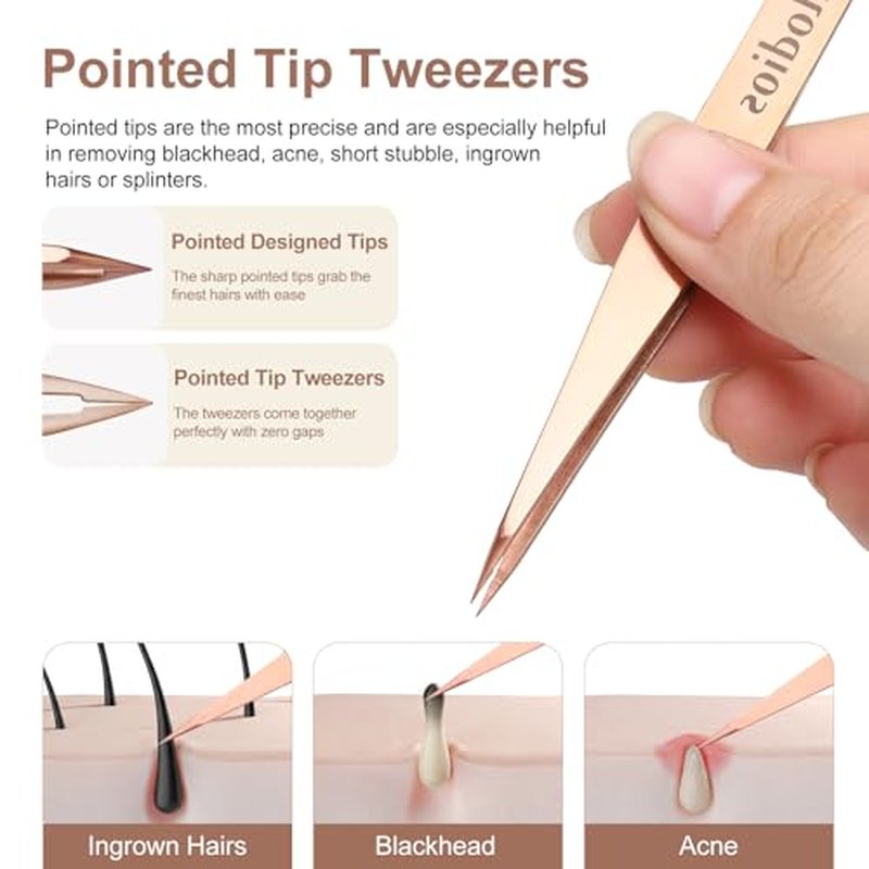2-Pack Precision Tweezers for Eyebrows, Facial Hair, Ingrown Hair Removal, Professional Stainless Steel Eyebrow Tweezers for Women and Men, Tweezer Set with PU Travel Case