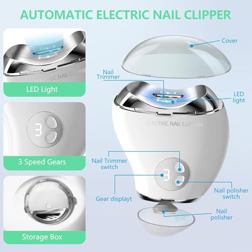 Electric Nail Clipper for Seniors - Rechargeable 2-in-1 Trimmer & File, White