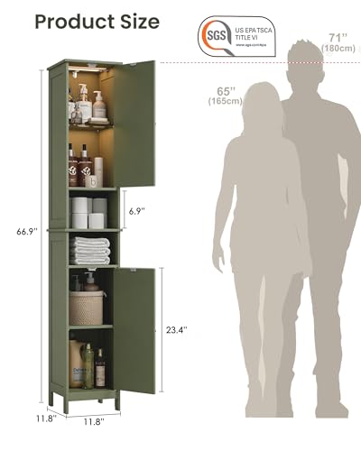 Tall Narrow Bathroom Storage Cabinet with Light - Forest Green, 11.8W x 11.8D x 66.9H