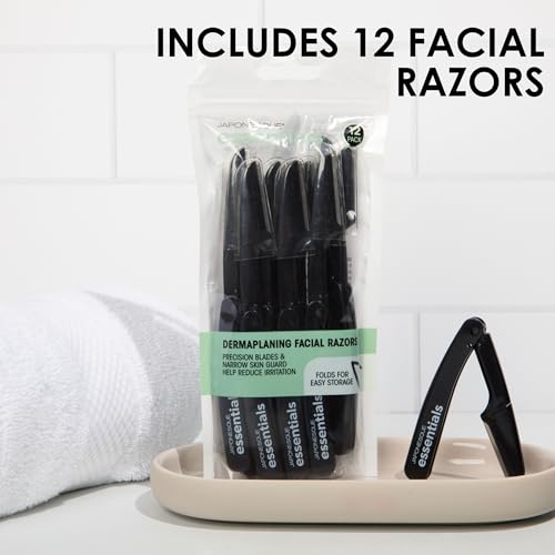 JAPONESQUE Essentials Dermaplaner Facial Hair Razors 12 Pack ? Precision Blades for Peach Fuzz Removal, and Eyebrow Shaping for Men & Women