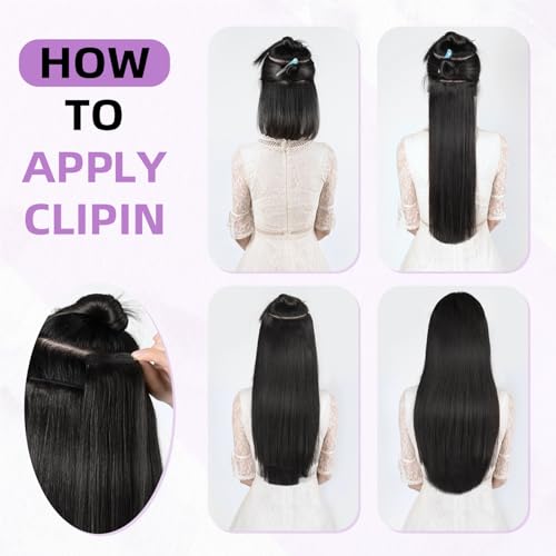 Clip in Hair Extensions Human Hair 20 Inch Natural Black 1B - Easy Styling & Long-Lasting