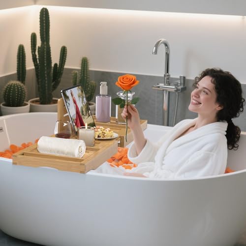Promitop Natural Bamboo Expandable Bathtub Tray Caddy - Spa-Style Bath Accessory