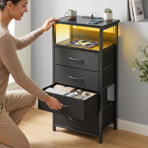 Fixwal Night Stand with Charging Station RGB LED Lights 4 Drawers - Black, 15.7"D x 11.8"W x 33.1"H
