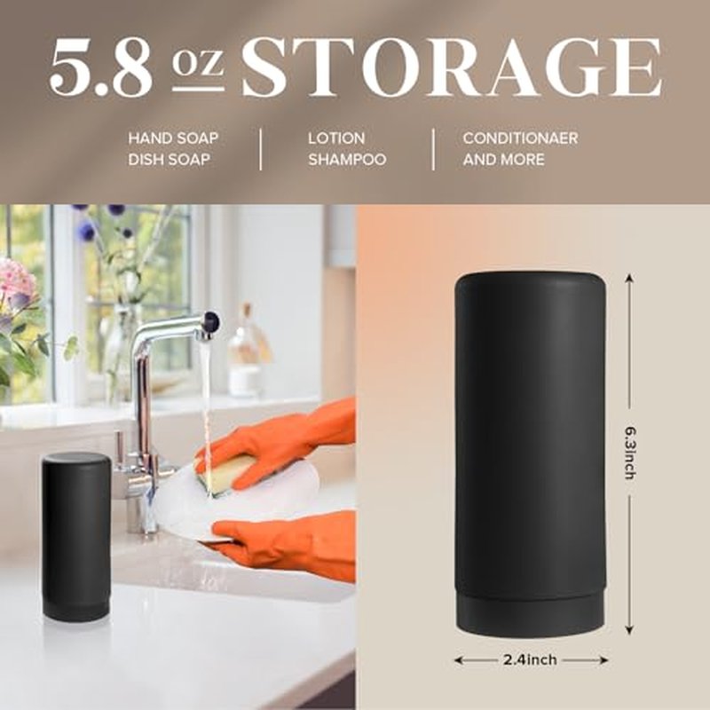 Easy Squeeze Washing Up Liquid and Hand Soap,Round refillable Silicone Bottles,Easy to Fill and to use, 8.5 oz, 2.4 x 2.4 x 5.5 inches, Dish Soap Silicone Dispenser for Kitchen Sink (Black)